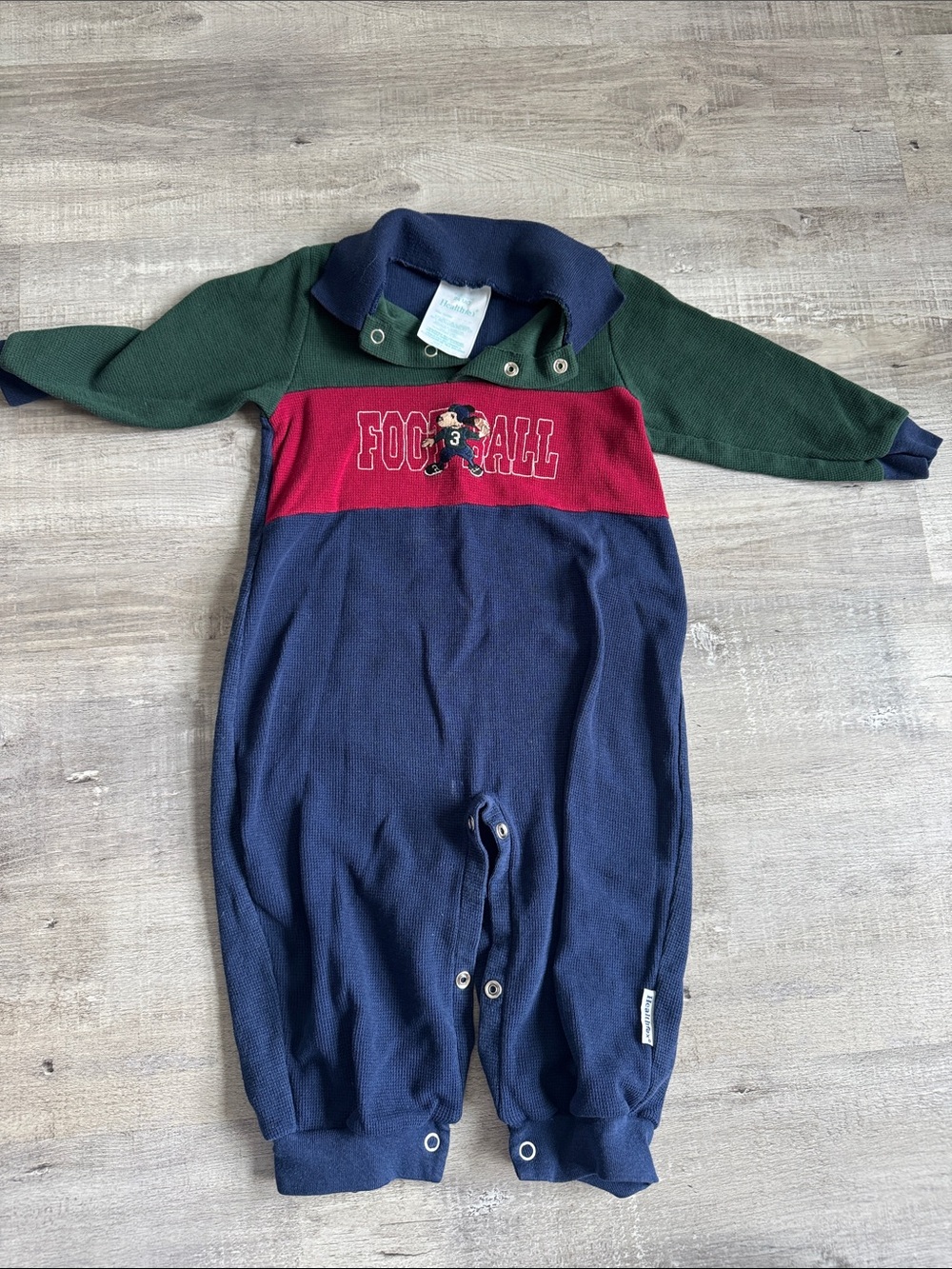 Vintage 80s Green/Navy 'Football' Colorblock One-Piece Romper toddler 18-24m